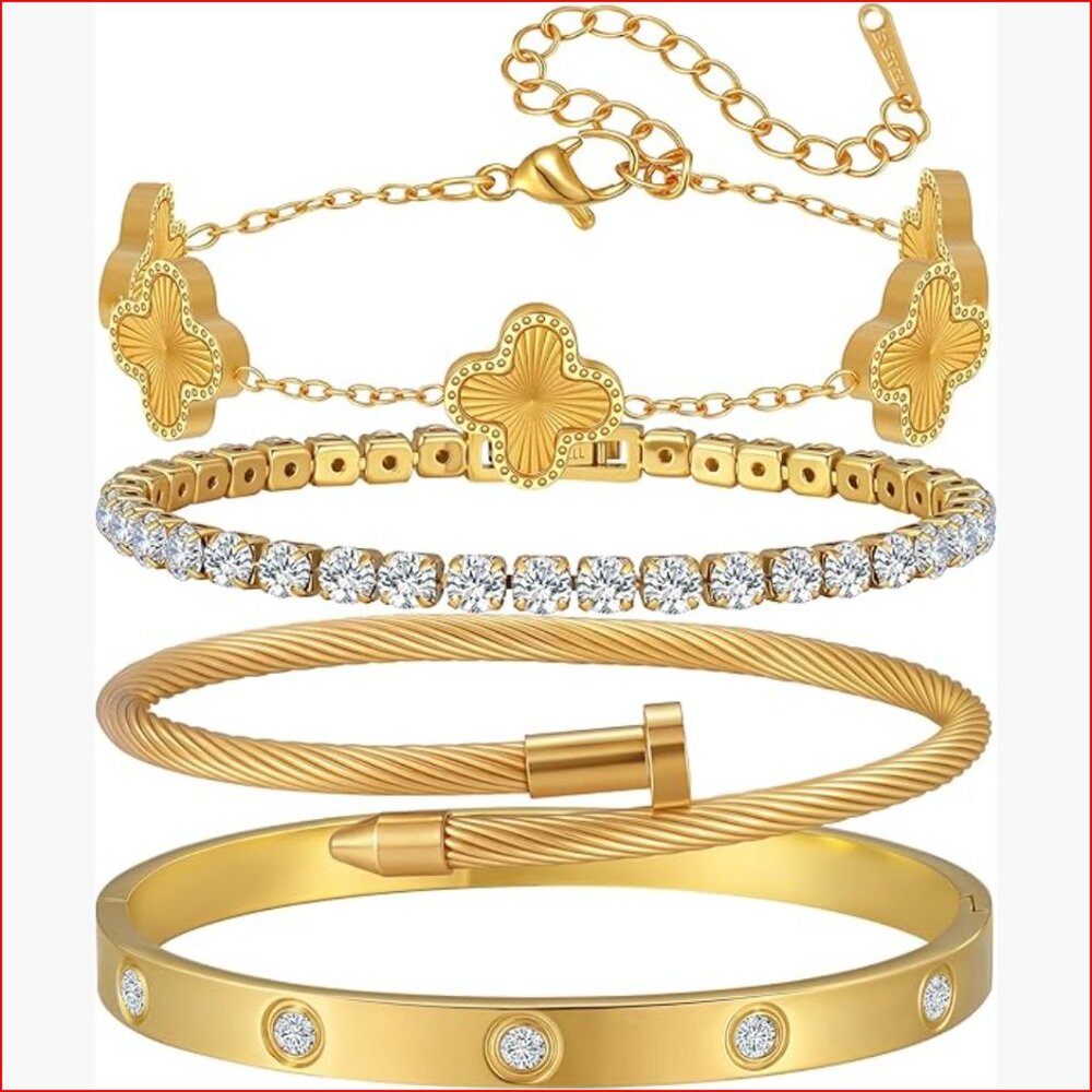 18k Gold Plated Stackable Bangle Bracelet Set, 4 … - image 1